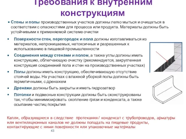 Поверхности стен, перегородок и пола должны изготавливаться из материалов, непроницаемых, нетоксичных и