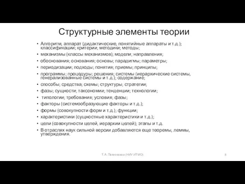 Структурные элементы теории Алгоритм, аппарат (дидактические, понятийные аппараты и т.д.); классификации; критерии;