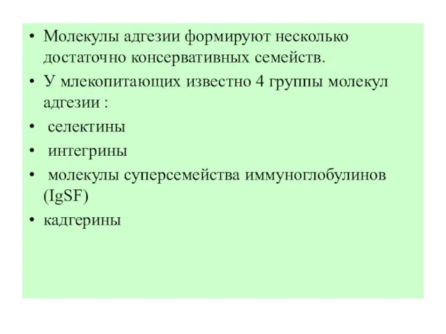 Молекулы адгезии формируют несколько достаточно консервативных семейств. У млекопитающих известно 4 группы