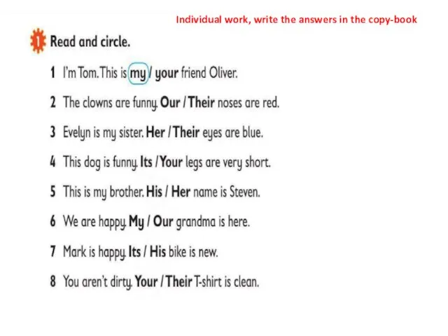 Individual work, write the answers in the copy-book