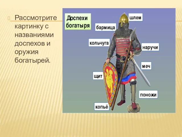 Рассмотрите картинку с названиями доспехов и оружия богатырей.