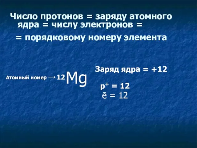 Число протонов = заряду атомного ядра = числу электронов = = порядковому