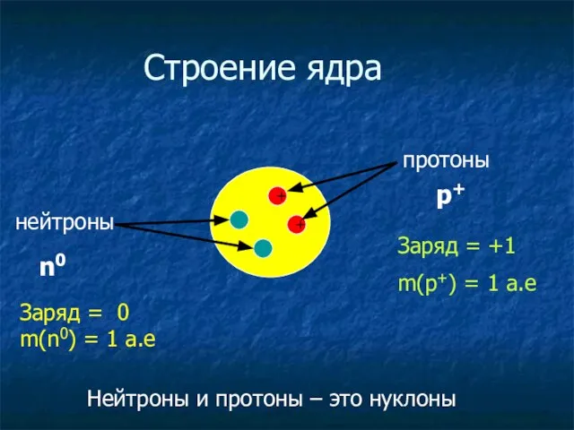 + + Строение ядра протоны нейтроны n0 p+ Заряд = +1 m(p+)