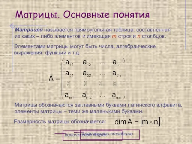 Матрицы. Основные понятия Матрицей называется прямоугольная таблица, составленная из каких – либо