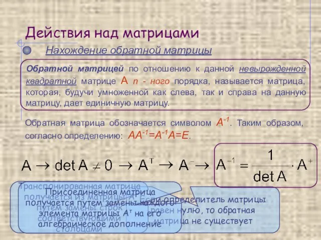 Действия над матрицами Нахождение обратной матрицы Обратная матрица обозначается символом А-1. Таким