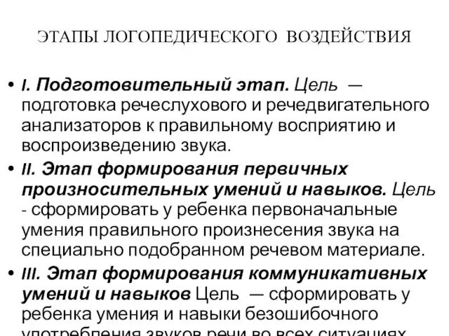 ЭТАПЫ ЛОГОПЕДИЧЕСКОГО ВОЗДЕЙСТВИЯ I. Подготовительный этап. Цель — подготовка речеслухового и речедвигательного