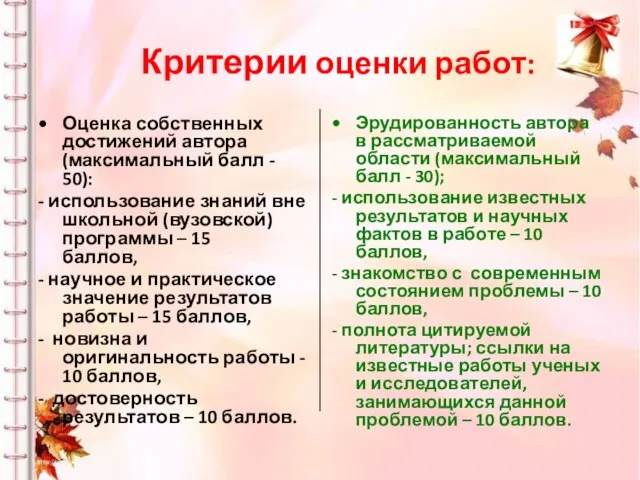 Критерии оценки работ: • Оценка собственных достижений автора (максимальный балл - 50):