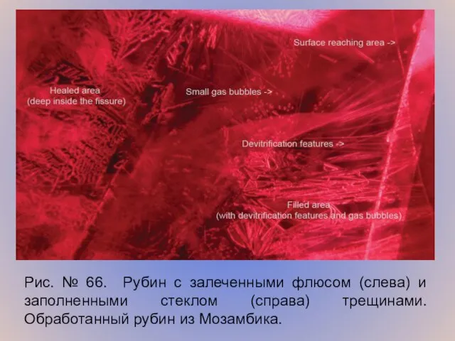 Рис. № 66. Рубин с залеченными флюсом (слева) и заполненными стеклом (справа)