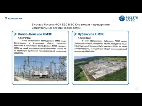 О компании В состав Россети ФСК ЕЭС МЭС Юга входят 4 предприятия магистральных электрических сетей: