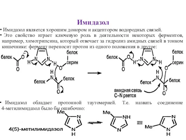 Имидазол Имидазол является хорошим донором и акцептором водородных связей. Это свойство играет