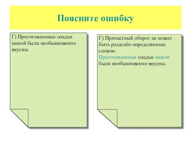 Поясните ошибку Г) Приготовленные оладьи мамой были необыкновенно вкусны. Г) Причастный оборот