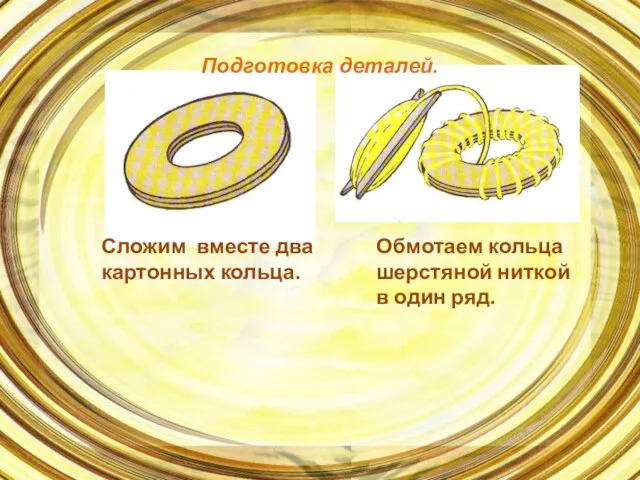 Сложим вместе два картонных кольца. Обмотаем кольца шерстяной ниткой в один ряд. Подготовка деталей.
