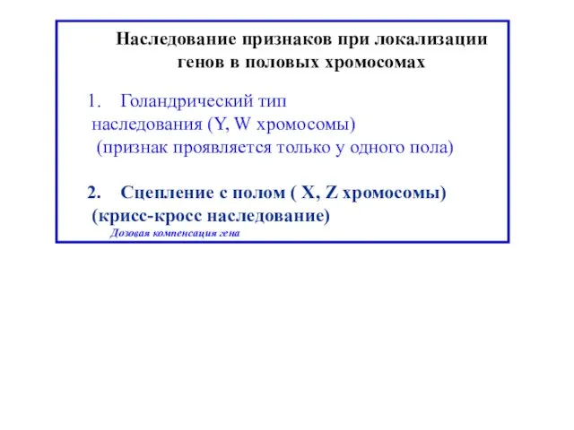 Наследование признаков при локализации генов в половых хромосомах Голандрический тип наследования (Y,