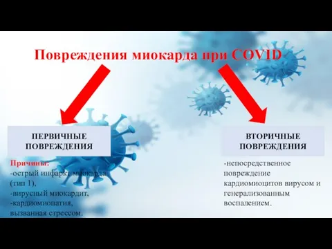 Повреждения миокарда при COVID ПЕРВИЧНЫЕ ПОВРЕЖДЕНИЯ ВТОРИЧНЫЕ ПОВРЕЖДЕНИЯ Причины: -острый инфаркт миокарда