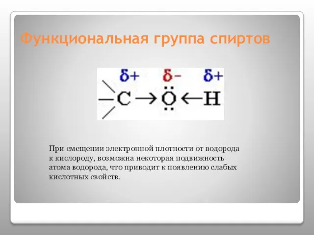 Функциональная группа спиртов При смещении электронной плотности от водорода к кислороду, возможна