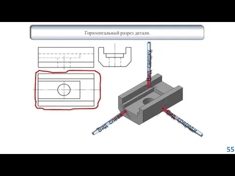 Вид спереди Вид слева Вид сверху Горизонтальный разрез детали. 55