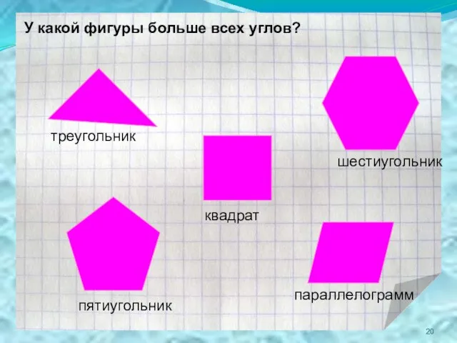 У какой фигуры больше всех углов? пятиугольник квадрат треугольник параллелограмм шестиугольник