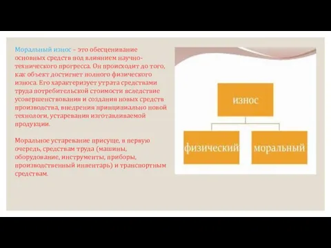 Моральный износ – это обесценивание основных средств под влиянием научно-технического прогресса. Он