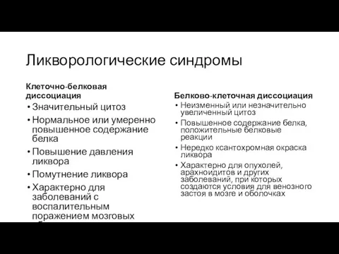 Ликворологические синдромы Клеточно-белковая диссоциация Значительный цитоз Нормальное или умеренно повышенное содержание белка