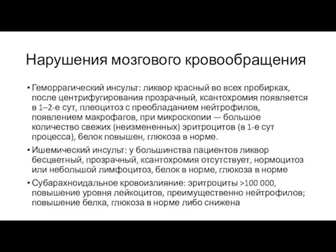 Нарушения мозгового кровообращения Геморрагический инсульт: ликвор красный во всех пробирках, после центрифугирования