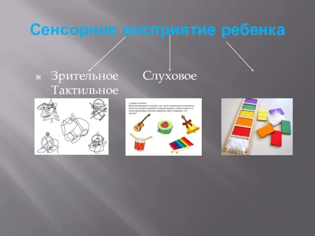 Сенсорное восприятие ребенка Зрительное Слуховое Тактильное