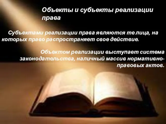 Объекты и субъекты реализации права Субъектами реализации права являются те лица, на