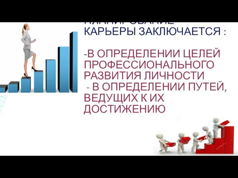 ПЛАНИРОВАНИЕ КАРЬЕРЫ ЗАКЛЮЧАЕТСЯ : -В ОПРЕДЕЛЕНИИ ЦЕЛЕЙ ПРОФЕССИОНАЛЬНОГО РАЗВИТИЯ ЛИЧНОСТИ - В