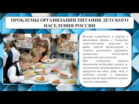 ПРОБЛЕМЫ ОРГАНИЗАЦИИ ПИТАНИЯ ДЕТСКОГО НАСЕЛЕНИЯ РОССИИ Высокая потребность в энергии у школьников