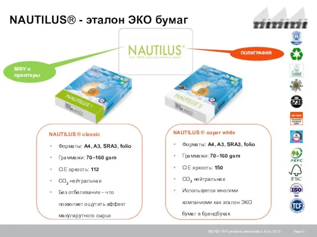 MONDI VAP products presentation, Kyiv, 2015 NAUTILUS® - эталон ЭКО бумаг NAUTILUS