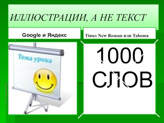 ИЛЛЮСТРАЦИИ, А НЕ ТЕКСТ Google и Яндекс Times New Roman или Tahoma 1000 СЛОВ