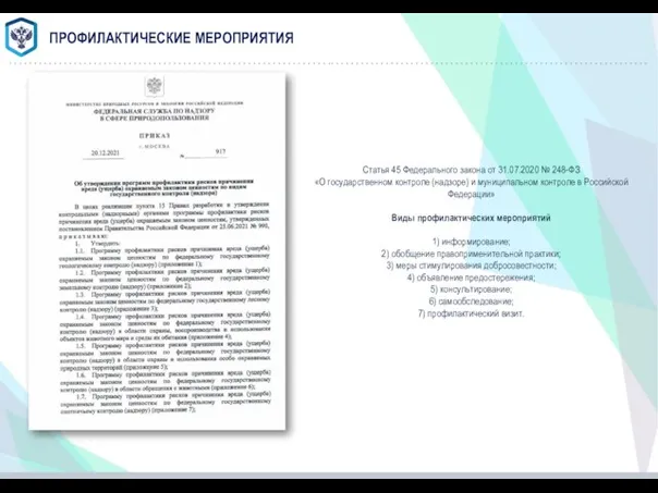 ПРОФИЛАКТИЧЕСКИЕ МЕРОПРИЯТИЯ Статья 45 Федерального закона от 31.07.2020 № 248-ФЗ «О государственном