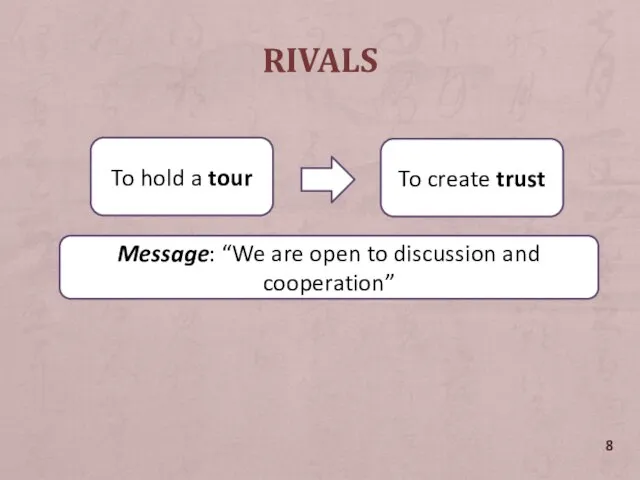 RIVALS Message: “We are open to discussion and cooperation” To hold a tour To create trust