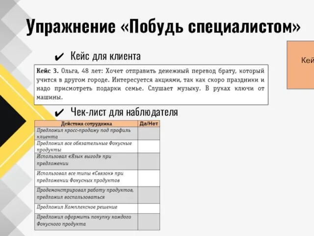 Упражнение «Побудь специалистом» Кейс для клиента Чек-лист для наблюдателя Кейс для примера от тренера