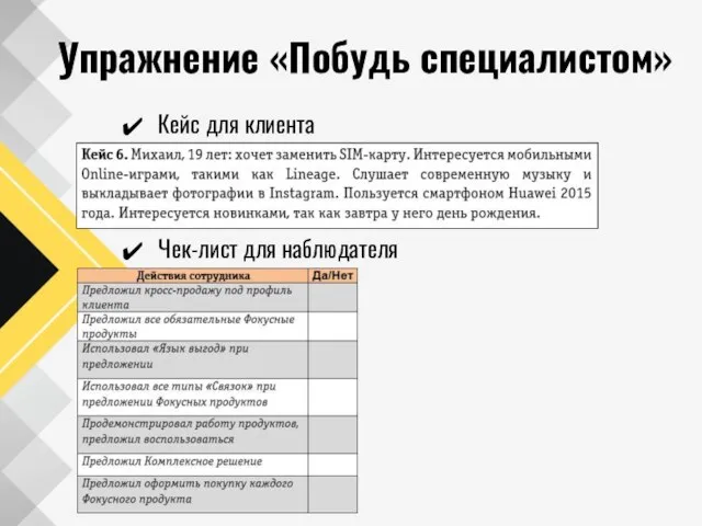 Упражнение «Побудь специалистом» Кейс для клиента Чек-лист для наблюдателя