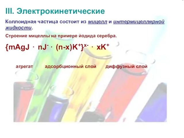 III. Электрокинетические Коллоидная частица состоит из мицелл и интермицеллярной жидкости. Строение мицеллы