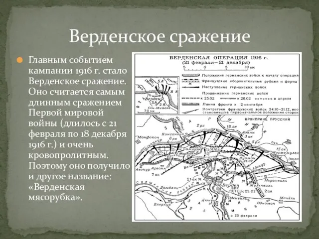 Главным событием кампании 1916 г. стало Верденское сражение. Оно считается самым длинным