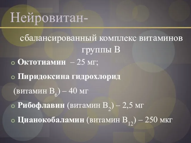 Нейровитан- сбалансированный комплекс витаминов группы В Октотиамин – 25 мг; Пиридоксина гидрохлорид