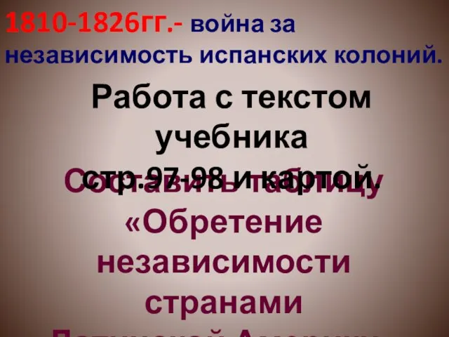 Составить таблицу «Обретение независимости странами Латинской Америки» Работа с текстом учебника стр.97-98