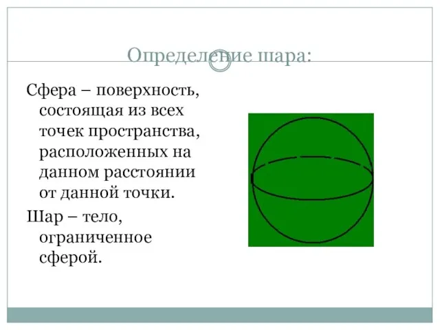 Определение шара: Сфера – поверхность, состоящая из всех точек пространства, расположенных на