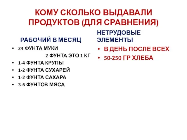 КОМУ СКОЛЬКО ВЫДАВАЛИ ПРОДУКТОВ (ДЛЯ СРАВНЕНИЯ) РАБОЧИЙ В МЕСЯЦ 24 ФУНТА МУКИ