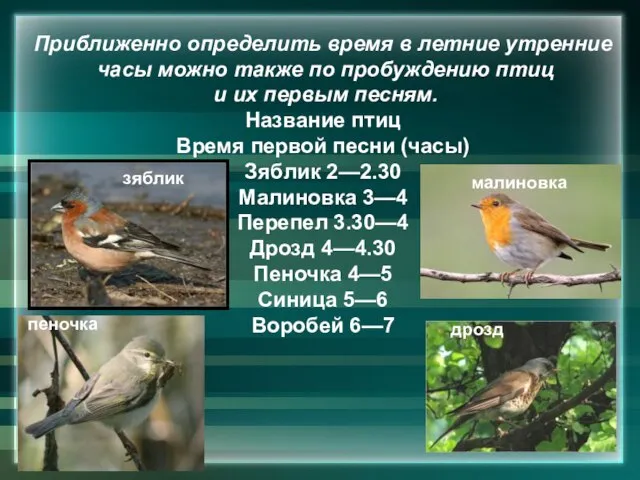 Приближенно определить время в летние утренние часы можно также по пробуждению птиц
