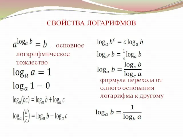 СВОЙСТВА ЛОГАРИФМОВ - основное логарифмическое тождество формула перехода от одного основания логарифма к другому