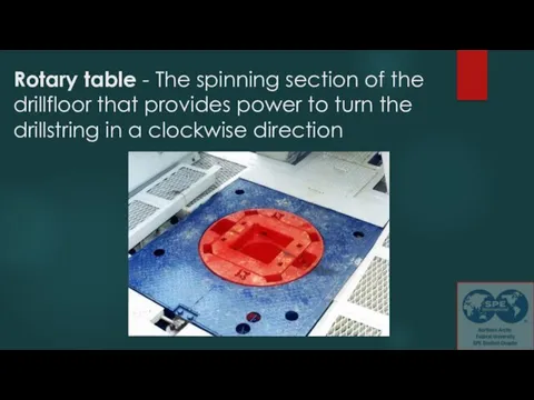 Rotary table - The spinning section of the drillfloor that provides power