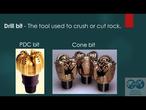 Drill bit - The tool used to crush or cut rock. Cone bit PDC bit