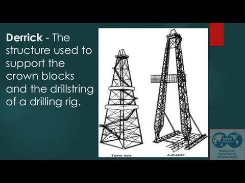 Derrick - The structure used to support the crown blocks and the