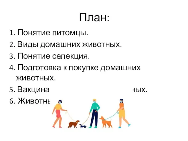 План: 1. Понятие питомцы. 2. Виды домашних животных. 3. Понятие селекция. 4.