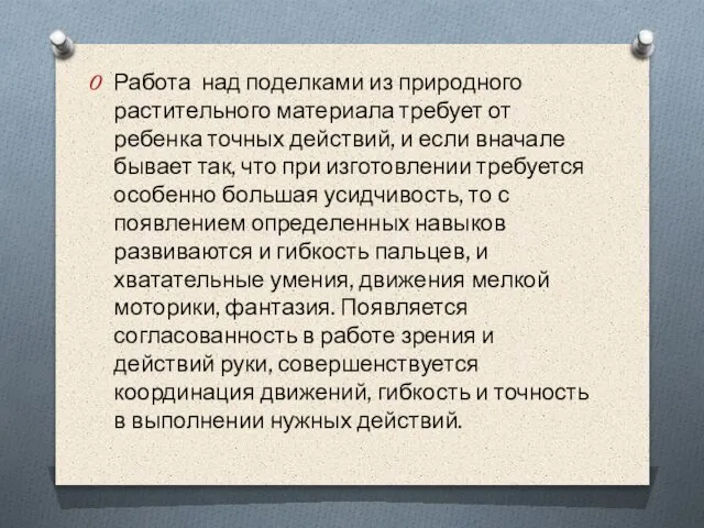 Работа над поделками из природного растительного материала требует от ребенка точных действий,