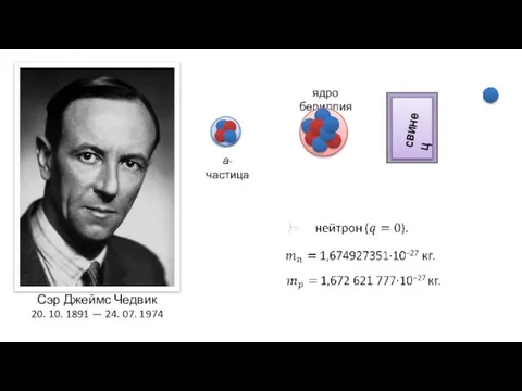 Сэр Джеймс Чедвик 20. 10. 1891 — 24. 07. 1974 а-частица ядро бериллия свинец