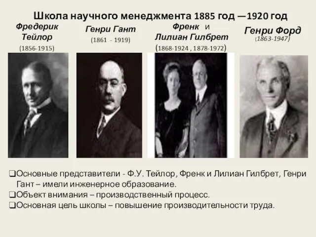 Фредерик Тейлор (1856-1915) Генри Гант Френк и Лилиан Гилбрет (1868-1924 , 1878-1972)