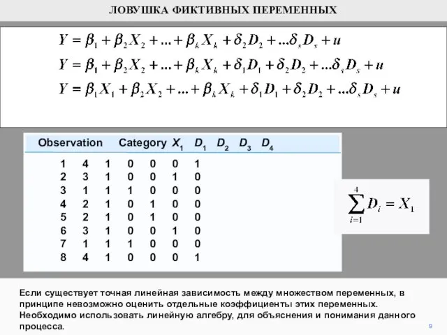 9 Если существует точная линейная зависимость между множеством переменных, в принципе невозможно